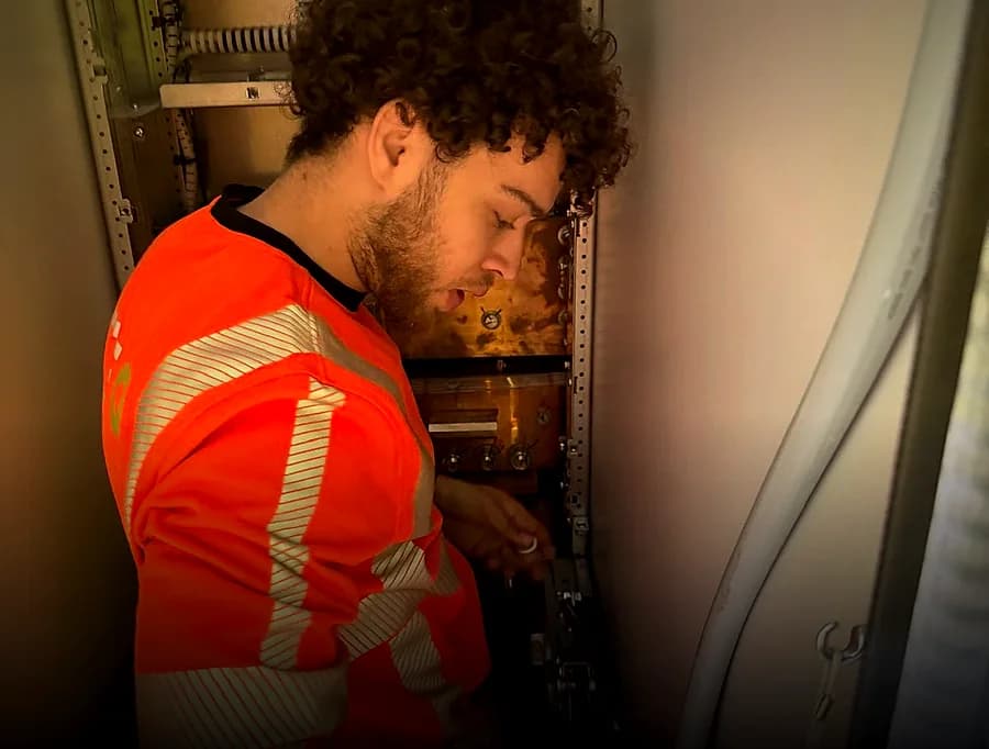 Monteur aan het werk in een verdeelkast, in signaalkleding.